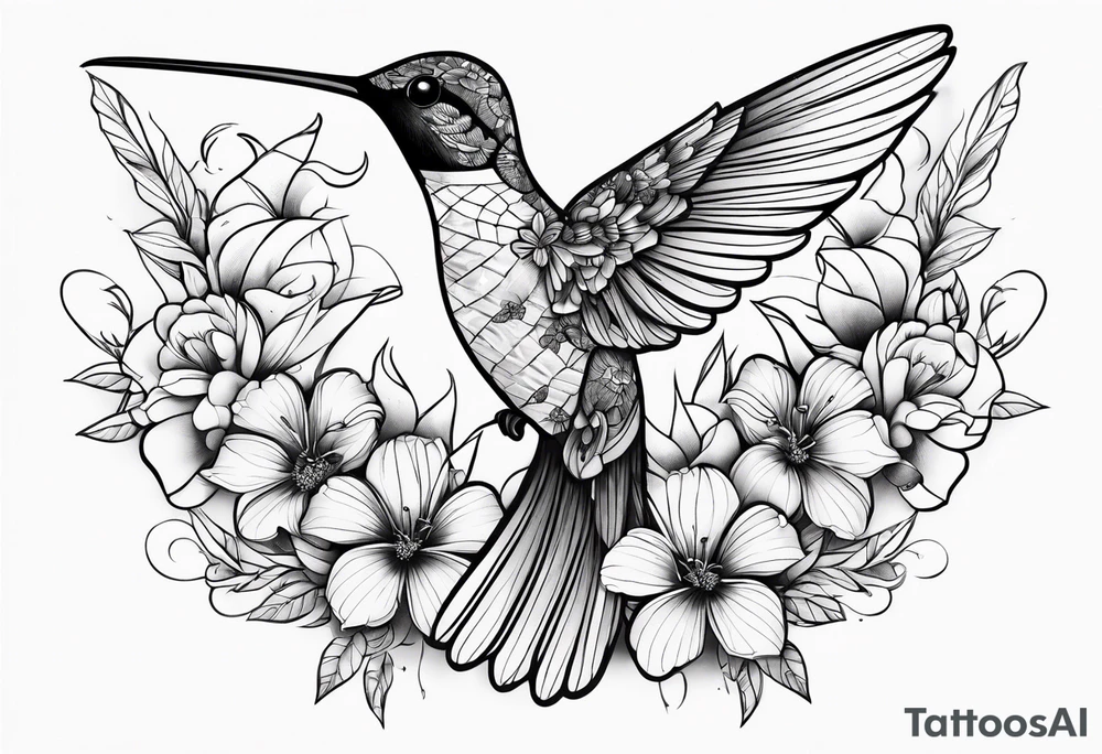 humming bird with flowers and butterflies tattoo idea