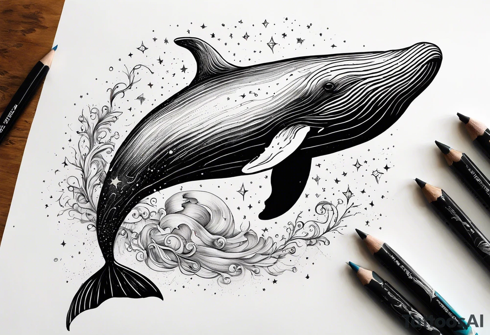 Moby dick inspired sperm whale jumping out of the water with the Virgo constellation in the sky tattoo idea