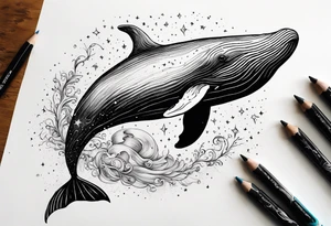 Moby dick inspired sperm whale jumping out of the water with the Virgo constellation in the sky tattoo idea