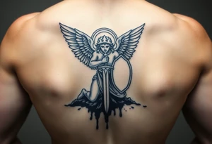 Arch angel Gabriel kneeling with sword and shield on battlefield covered in blood tattoo idea