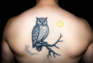 wise owl perched on ancient oak branch under starlit sky tattoo idea