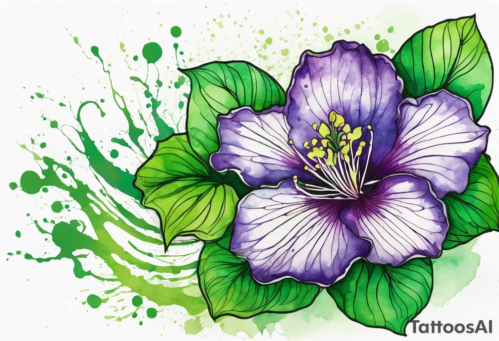 An outline of a green rio dipladenia flower and a green and purple watercolor splash in the background tattoo idea