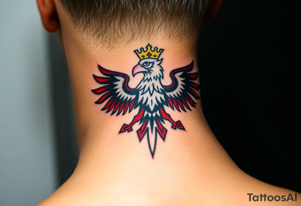 A red and white The Moravian eagle  with golden crown on its head surrounded by a storm, with dark clouds and lightning bolts tattoo idea