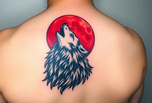A wolf howling under a blood-red moon, in hues of dark red, black, and silver, symbolizing power and primal energy tattoo idea