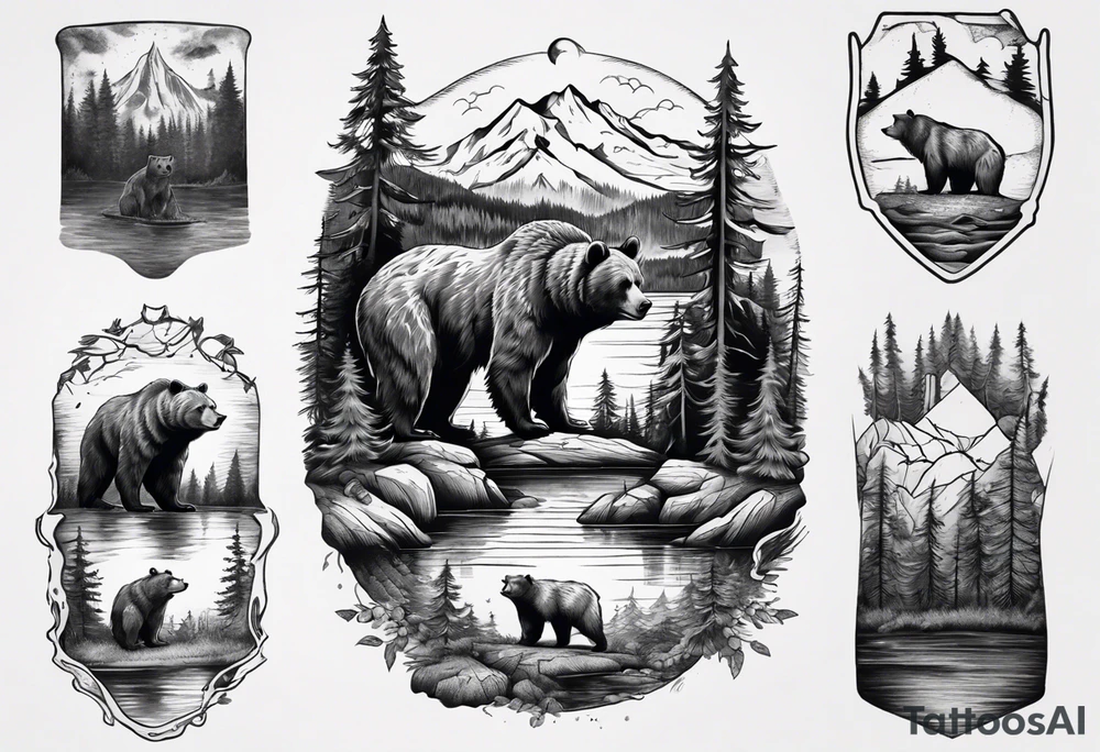 bear, forest, lake, appalachia, arm sleeve tattoo tattoo idea