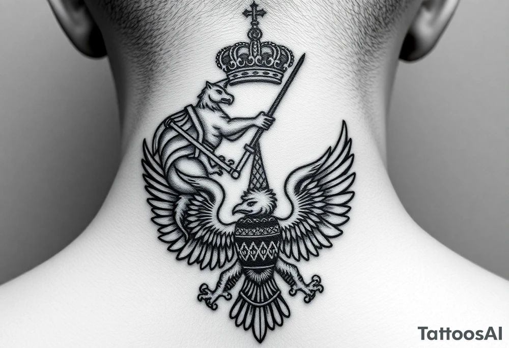 St. George slaying the dragon (hugely common in Russian Orthodox art)
Russian imperial crown above the eagle
Crossed swords or a Russian sabre
The Kremlin or St. Basil's Cathedral scene tattoo idea