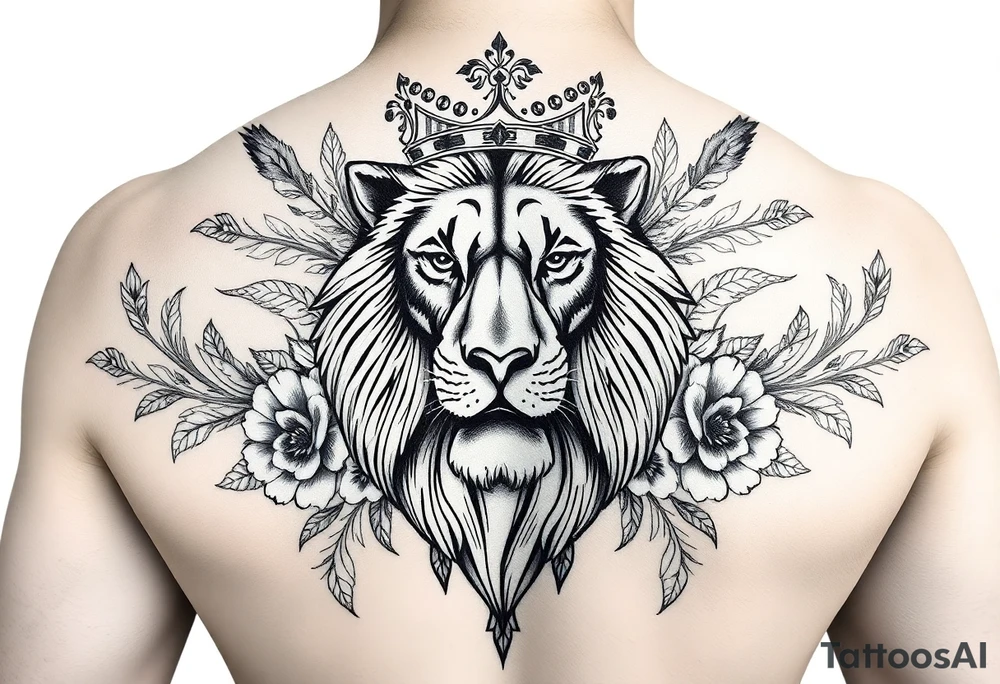 powerful majestic lion with a crown, surrounded by floral ornaments and birds tattoo idea