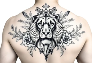 powerful majestic lion with a crown, surrounded by floral ornaments and birds tattoo idea