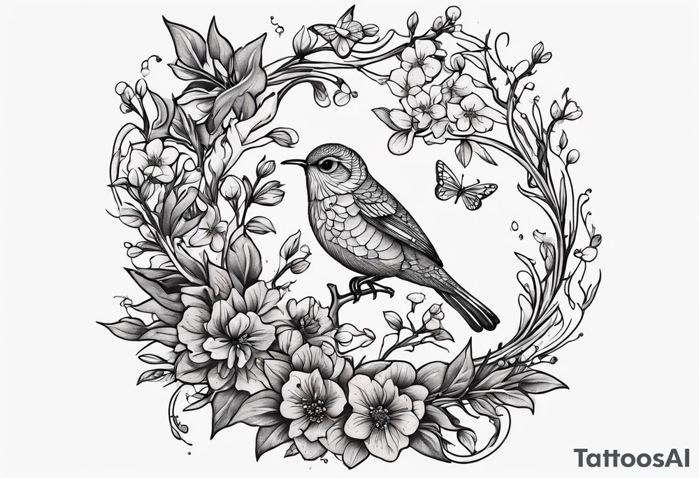 Winding branches and leaves and tiny flowers with a small moth tattoo idea