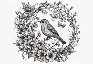 Winding branches and leaves and tiny flowers with a small moth tattoo idea