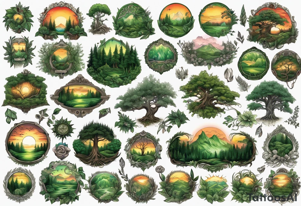 sunset in a lush green forrest, detailed, ornament, stunning, high quality, intricate, ultra realistic tattoo idea