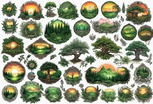 sunset in a lush green forrest, detailed, ornament, stunning, high quality, intricate, ultra realistic tattoo idea