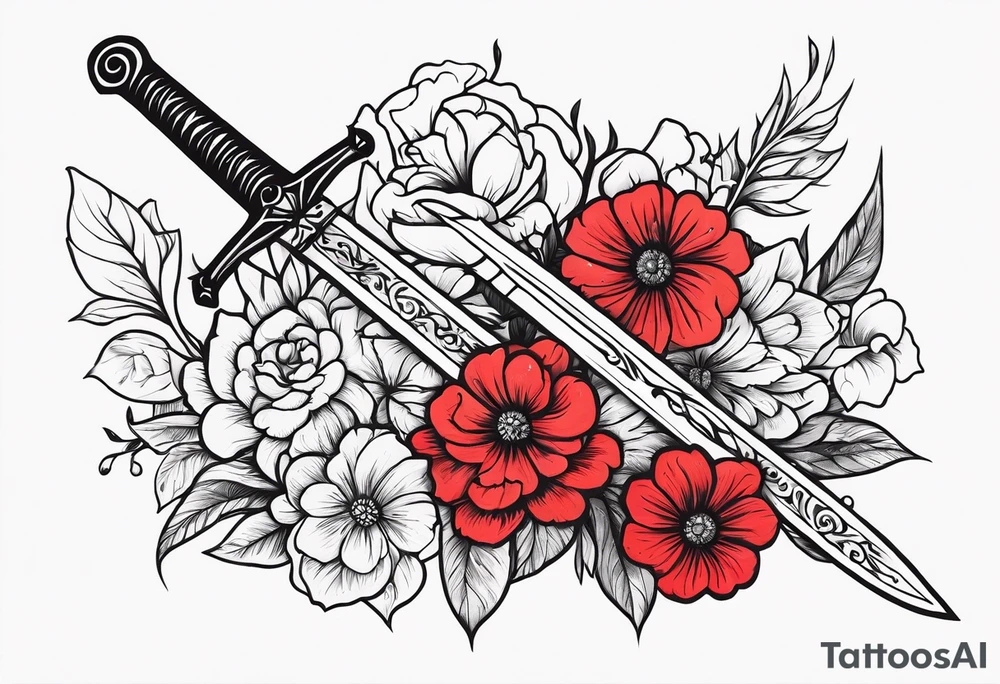 Bloody sword and flowers tattoo idea