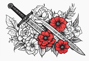 Bloody sword and flowers tattoo idea