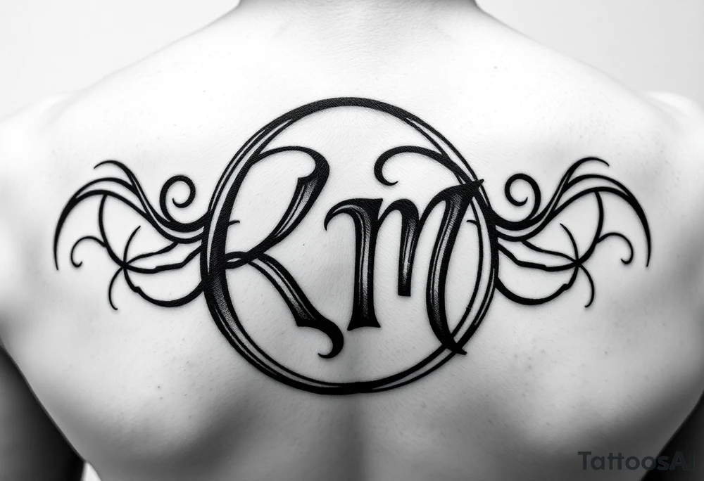 letters only fancy but rugged twisted and intertwined circular arched curvy lettering (KM ) almost like the the roca wear symbol clothing brand trademark RW but with KM tattoo idea