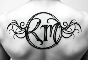 letters only fancy but rugged twisted and intertwined circular arched curvy lettering (KM ) almost like the the roca wear symbol clothing brand trademark RW but with KM tattoo idea