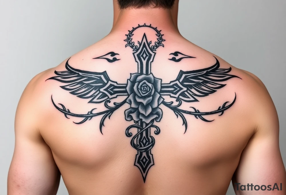 A very detailed cross with thorns vines from a rose with a halo above it and clouds around it and possibly wings on the sides or no wings in the sides but is a very detailed tattoo for my shoulder tattoo idea