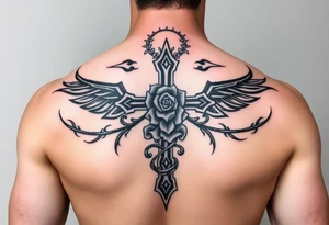 A very detailed cross with thorns vines from a rose with a halo above it and clouds around it and possibly wings on the sides or no wings in the sides but is a very detailed tattoo for my shoulder tattoo idea