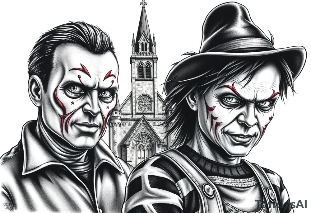 Jason Freddy and chucky looking sinister. An old gothic church is in the back ground. tattoo idea