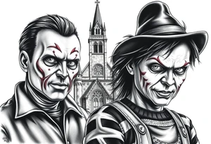 Jason Freddy and chucky looking sinister. An old gothic church is in the back ground. tattoo idea