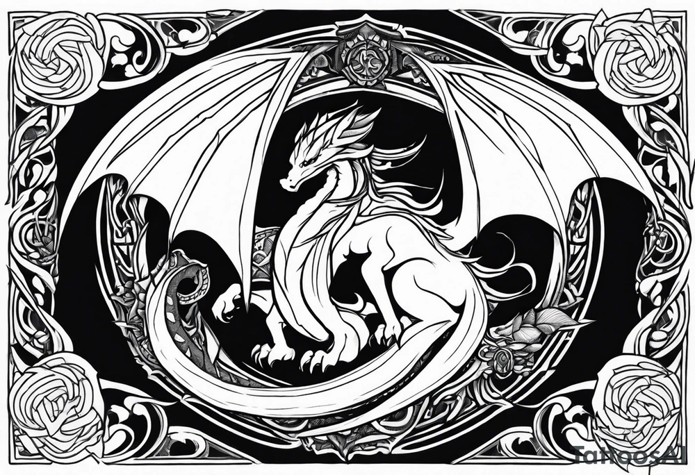 Mother dragon wings spread mushrooms tattoo idea