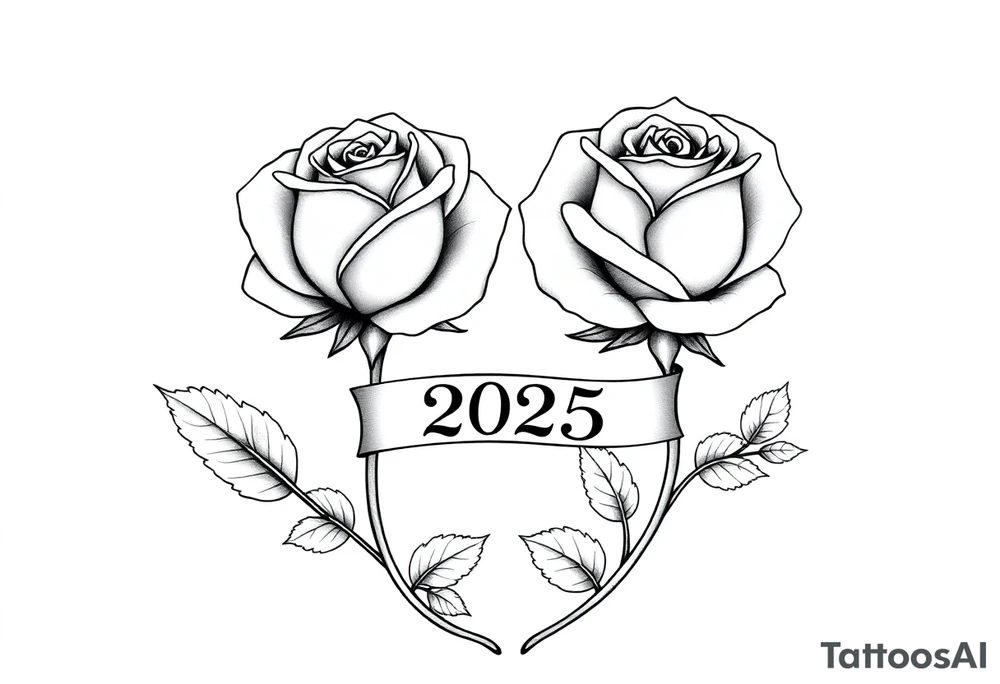 two beautiful large rose buds, one larger than the other, with many leaves next to the rose buds, with one sitting higher than the other. Include a banner connecting the two roses with the year "2025" on it.   Use dark outlines with little shading. The two stems should be short, not long, and connect and join into one stem, whimsically curved or twisted - not straight down. tattoo idea