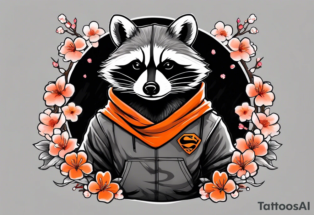 Raccoon wearing a white Superman logo on a black hoodie and orange Japanese cherry blossoms beside tattoo idea
