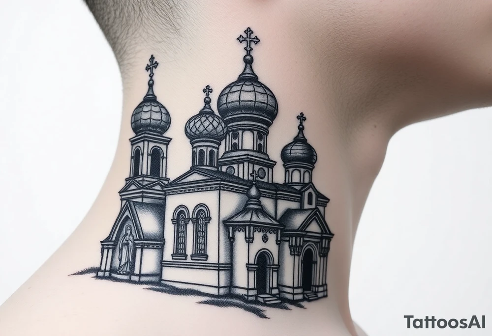 medium sized Russian orthodox church with bulb domes with a prominent russian orthodox style virgin mary stood outside to the left tattoo idea