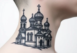 medium sized Russian orthodox church with bulb domes with a prominent russian orthodox style virgin mary stood outside to the left tattoo idea