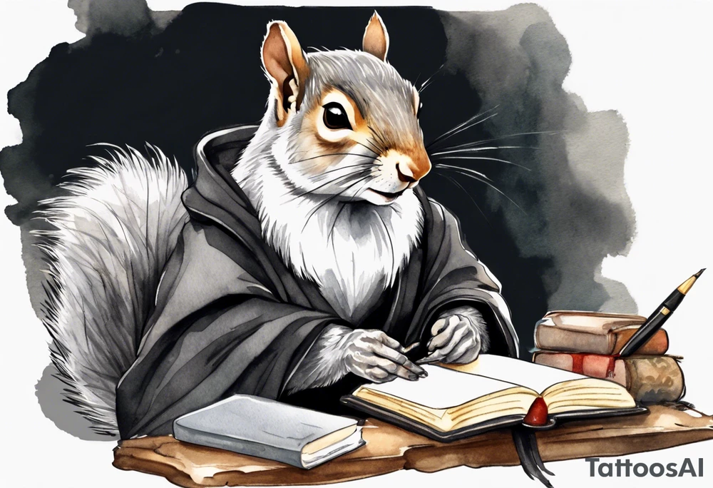 an elderly grey squirrel with a long beard wearing a black robe writing in a journal tattoo idea