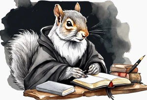 an elderly grey squirrel with a long beard wearing a black robe writing in a journal tattoo idea