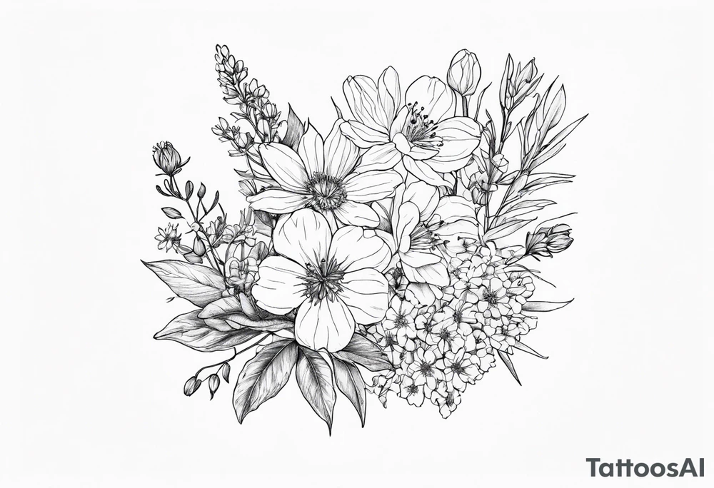 Small, fine line Birth flower bouquet with violets, larkspur, aster tattoo idea