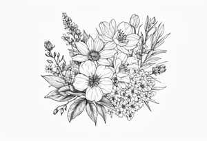 Small, fine line Birth flower bouquet with violets, larkspur, aster tattoo idea