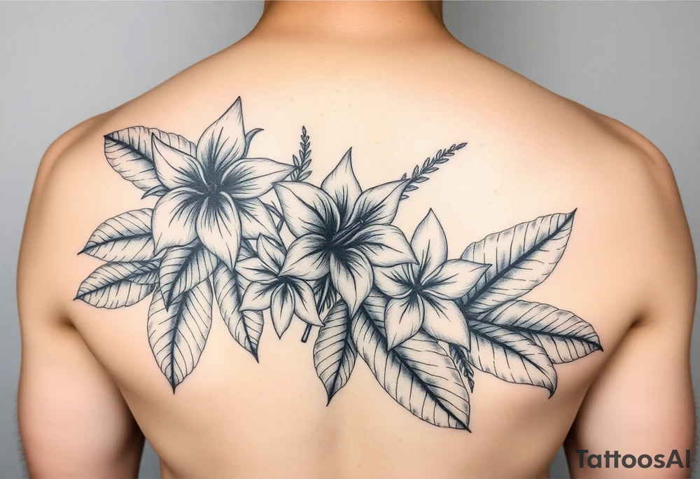 Beautiful, feminine, complex, detailed shading and cohesive mixture of the following: sampugita flowers, anahaw leaves (Livistona rotundifolia), ylang ylang, tropical foliage for a hand tattoo tattoo idea