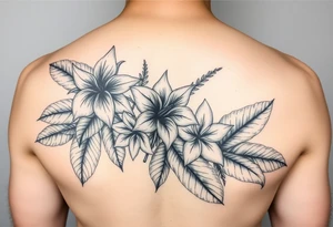 Beautiful, feminine, complex, detailed shading and cohesive mixture of the following: sampugita flowers, anahaw leaves (Livistona rotundifolia), ylang ylang, tropical foliage for a hand tattoo tattoo idea