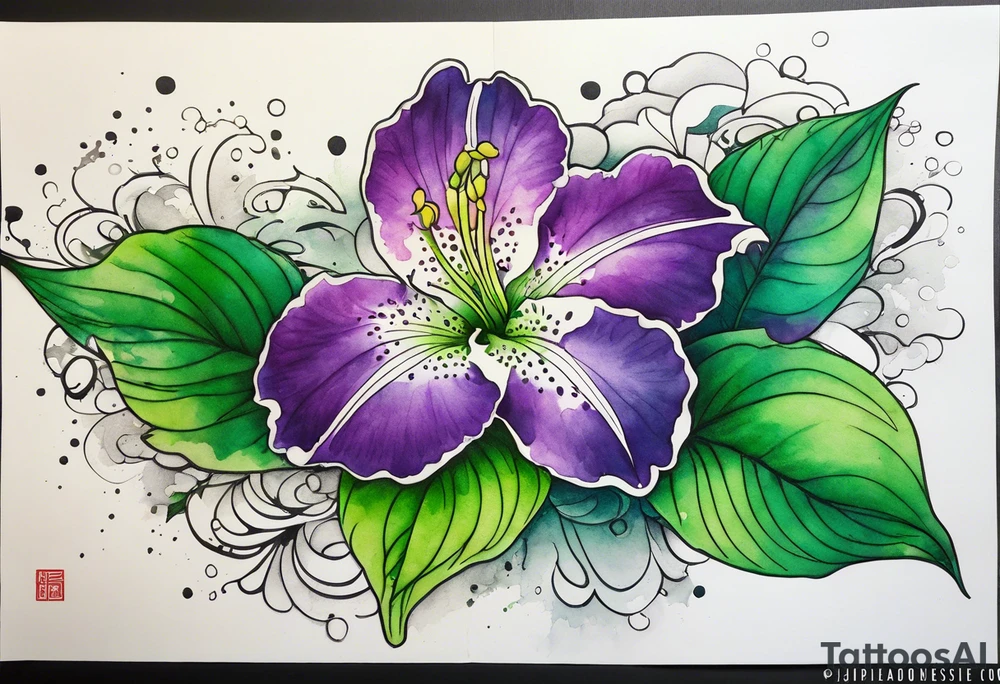 An outline of an only green rio dipladenia flower and a green and purple watercolor splash in the background tattoo idea
