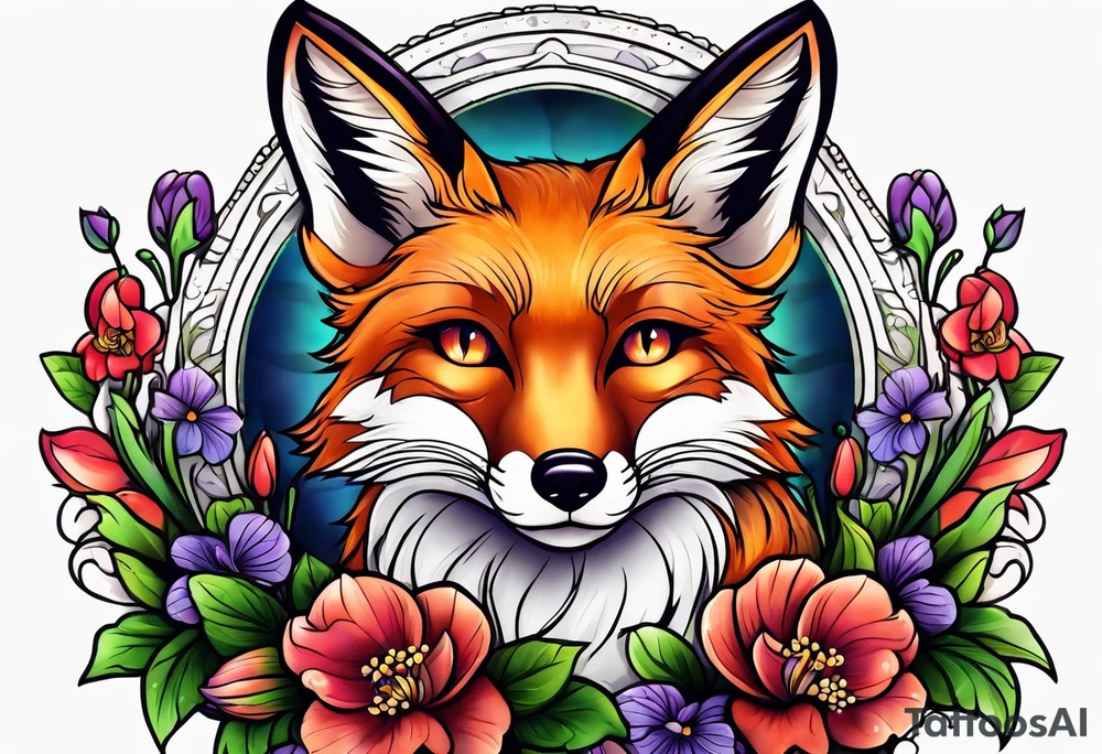 Neo traditional fox with violets tattoo idea
