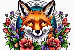 Neo traditional fox with violets tattoo idea