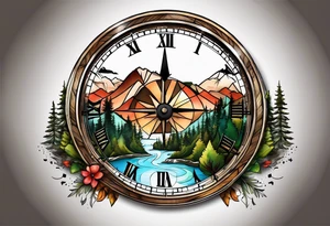 half compass half clock with arrow in the middle with mountain, trees and river tattoo idea