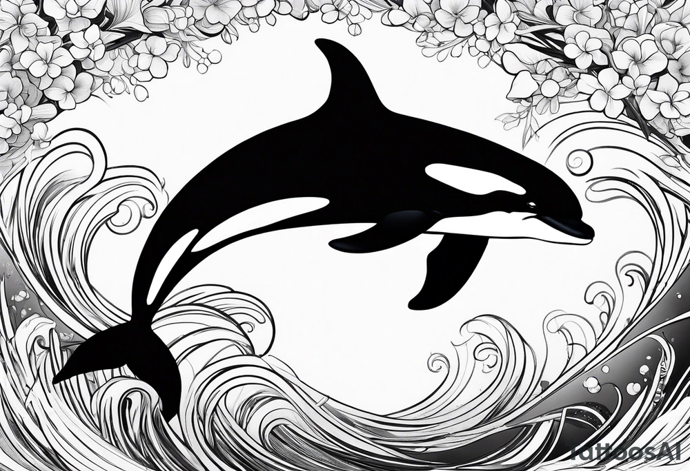 transient orca, Japanese realism, simplistic, shaded high contrast, flowing, kelp highlights tattoo idea