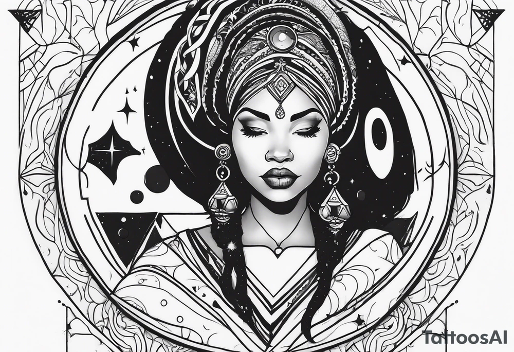 Black woman, royalty, enlightenment, wisdom, astronomy, cancer zodiac, natural, full arm tattoo idea