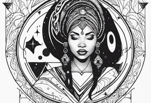 Black woman, royalty, enlightenment, wisdom, astronomy, cancer zodiac, natural, full arm tattoo idea