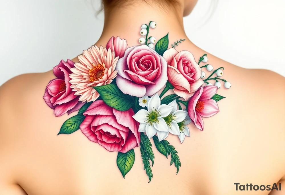 3d Bouquet of Carnation, Astor, Rose, Lily of the valley, Larkspur with realistic, no black tattoo idea