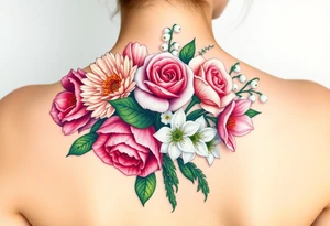 3d Bouquet of Carnation, Astor, Rose, Lily of the valley, Larkspur with realistic, no black tattoo idea