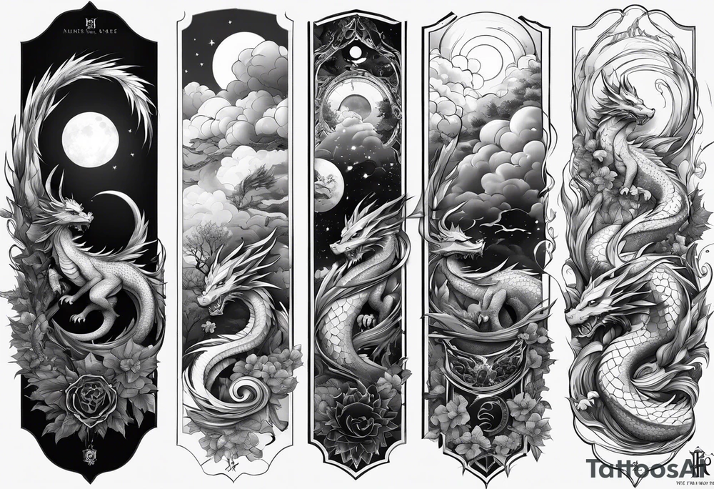 Half sleeve forearm tattoo. Representing the hero’s journey. Haku the dragon, a tree, clouds, a broken sword, the sun and moon tattoo idea