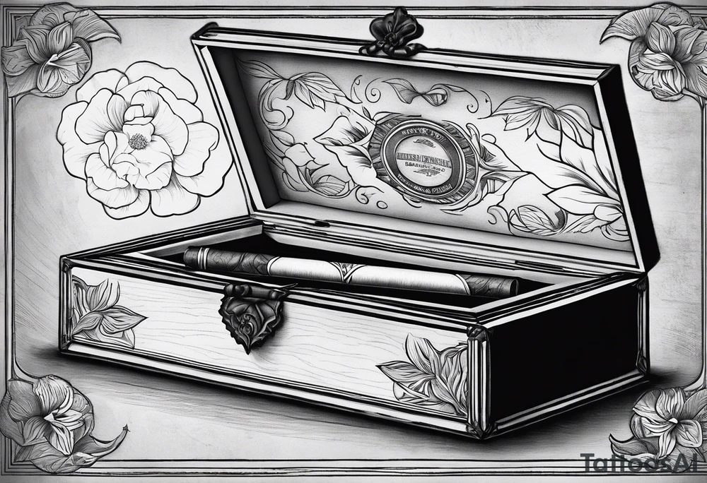 A simple vintage cigar box with a dogwood flower next to it as well as a lit cigar tattoo idea