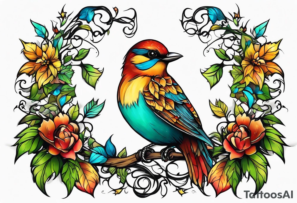 Whimsical birds and vines and leaves tattoo idea