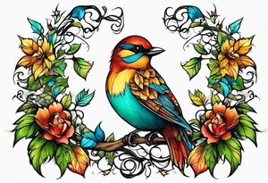 Whimsical birds and vines and leaves tattoo idea