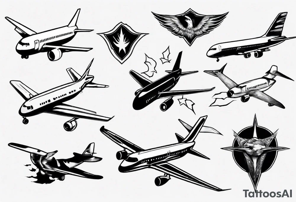 airplane, freedom, birds in masks tattoo idea