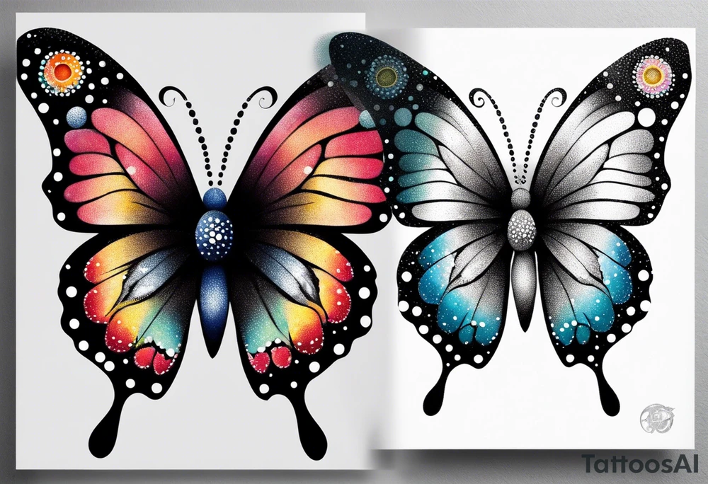 A vibrant butterfly with colorful wings, resting on a flower, showcasing transformation and beauty.” tattoo idea